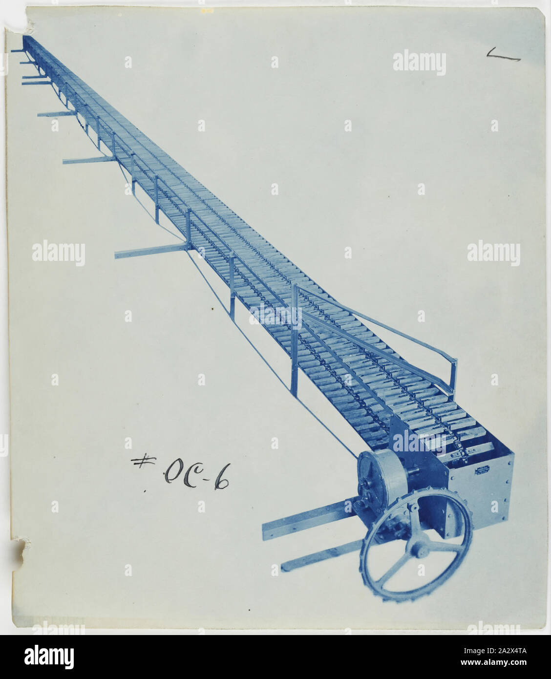 Photograph - Schumacher Mill Furnishing Works, Conveyor, Port Melbourne, Victoria, 1930, Cyanotype promotional image of a conveyor. It is part of a collection of photographs and marked printer's copy used in the preparation of trade literature promoting products manufactured by the Schumacher Mill Furnishing Works Pty Ltd. The items were originally housed in a wooden filing drawer Stock Photo
