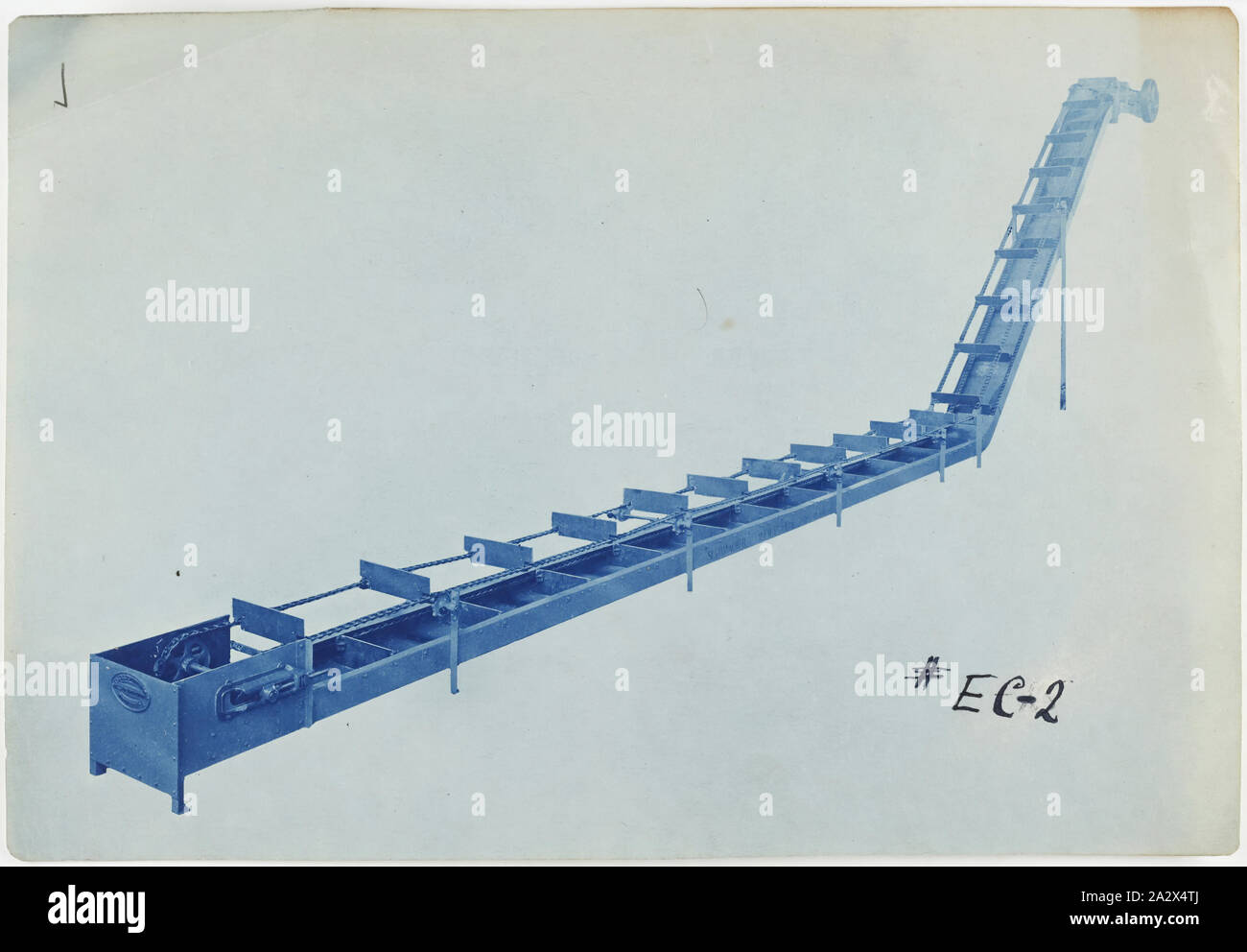 Photograph - Schumacher Mill Furnishing Works, Conveyor, Port Melbourne, Victoria, circa 1930s, Cyanotype promotional image of a conveyor. It is part of a collection of photographs and marked printer's copy used in the preparation of trade literature promoting products manufactured by the Schumacher Mill Furnishing Works Pty Ltd. The items were originally housed in a wooden filing drawer Stock Photo