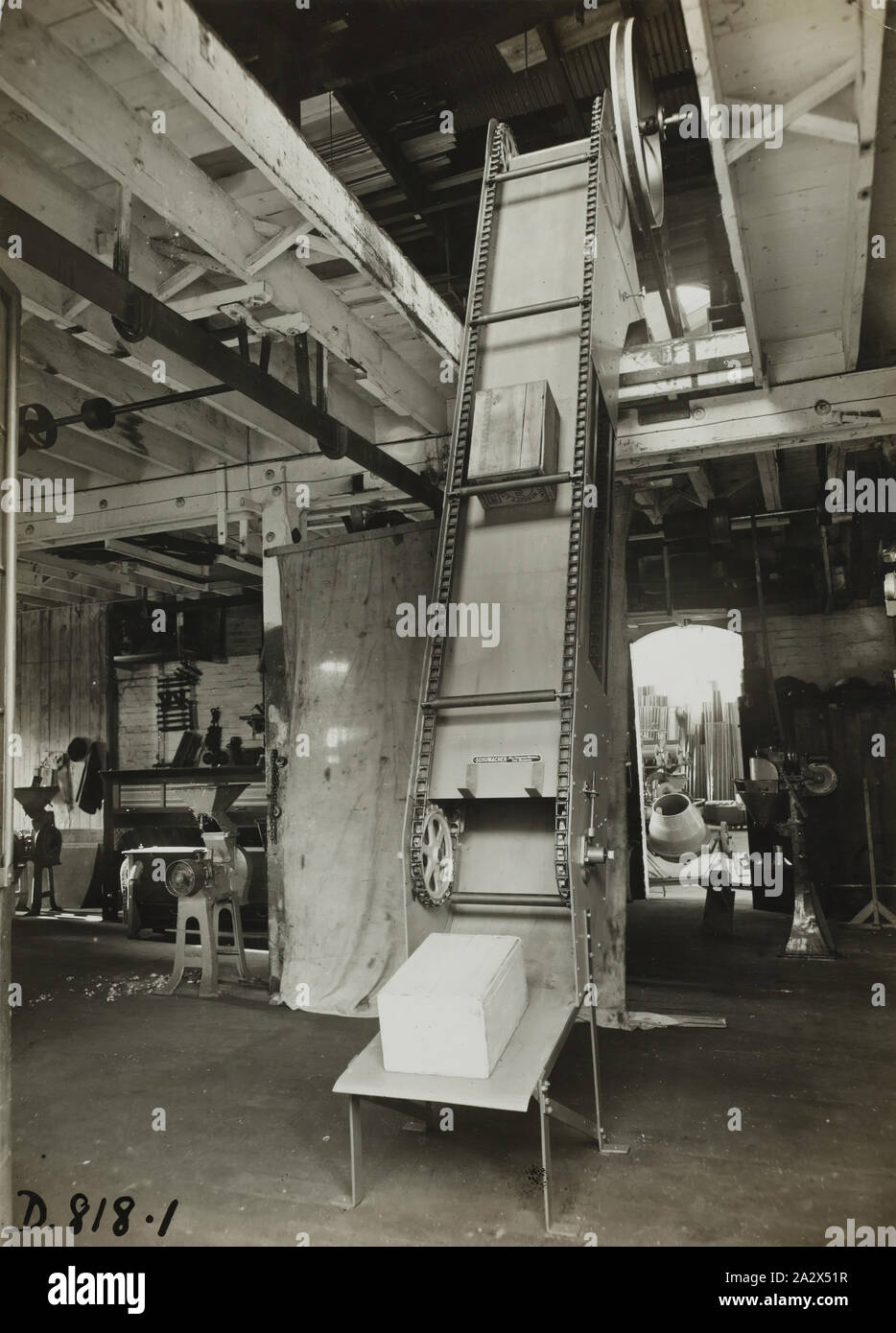 Photograph - Schumacher Mill Furnishing Works, Elevator, Port Melbourne, Victoria, circa 1930s, Black and white promotional image of an elevator. It is part of a collection of photographs and marked printer's copy used in the preparation of trade literature promoting products manufactured by the Schumacher Mill Furnishing Works Pty Ltd. The items were originally housed in a wooden filing drawer Stock Photo