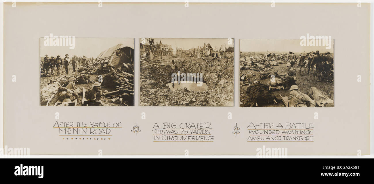 Photographs - Triptych, After the Battle of Menin Road, World War I, Belgium, 25 Sep 1917, Alternative Name(s): Triptych Three photographs of World War I formerly in a wooden frame, reproduced for an unknown exhibition. The images depict the aftermath of the battle of Menin Road. The Battle of Menin Road occured 20-25 September 1917. It was part of the so-called 'Third Battle of Ypres' on the Western Front Stock Photo