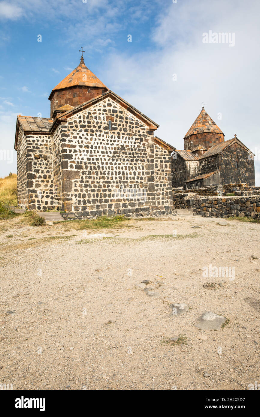Armenia.Sevan. The churches of Surp Arakelots (right) and Surp Astvatsatsin (left), at the Sevanavank Monastery complex on Lake Sevan. Stock Photo