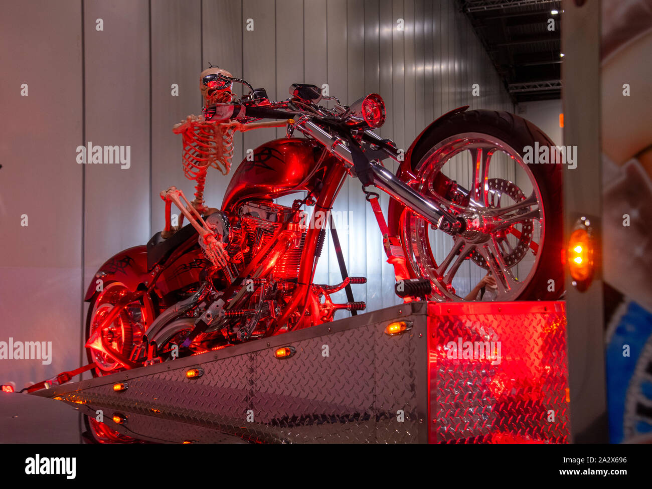 Skeleton on a custom motor bike London Motor Show May 2019, Excel London Stock Photo