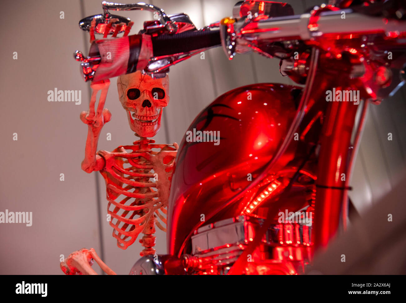 Skeleton on a custom motor bike London Motor Show May 2019, Excel London Stock Photo