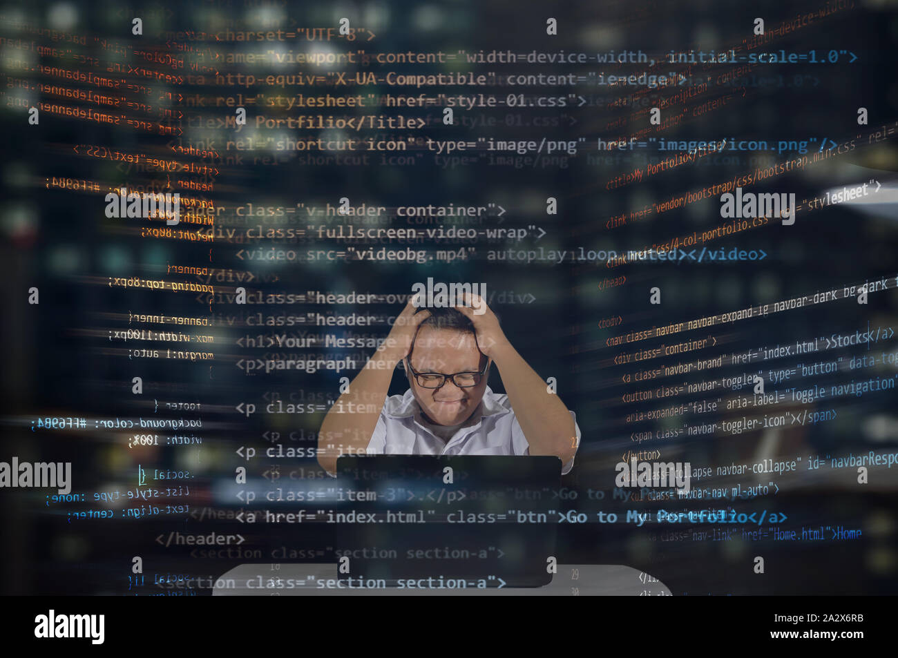 Young male web developer getting angry and frustrated while working on his project. Working at night shift. HTML Codes. Stock Photo