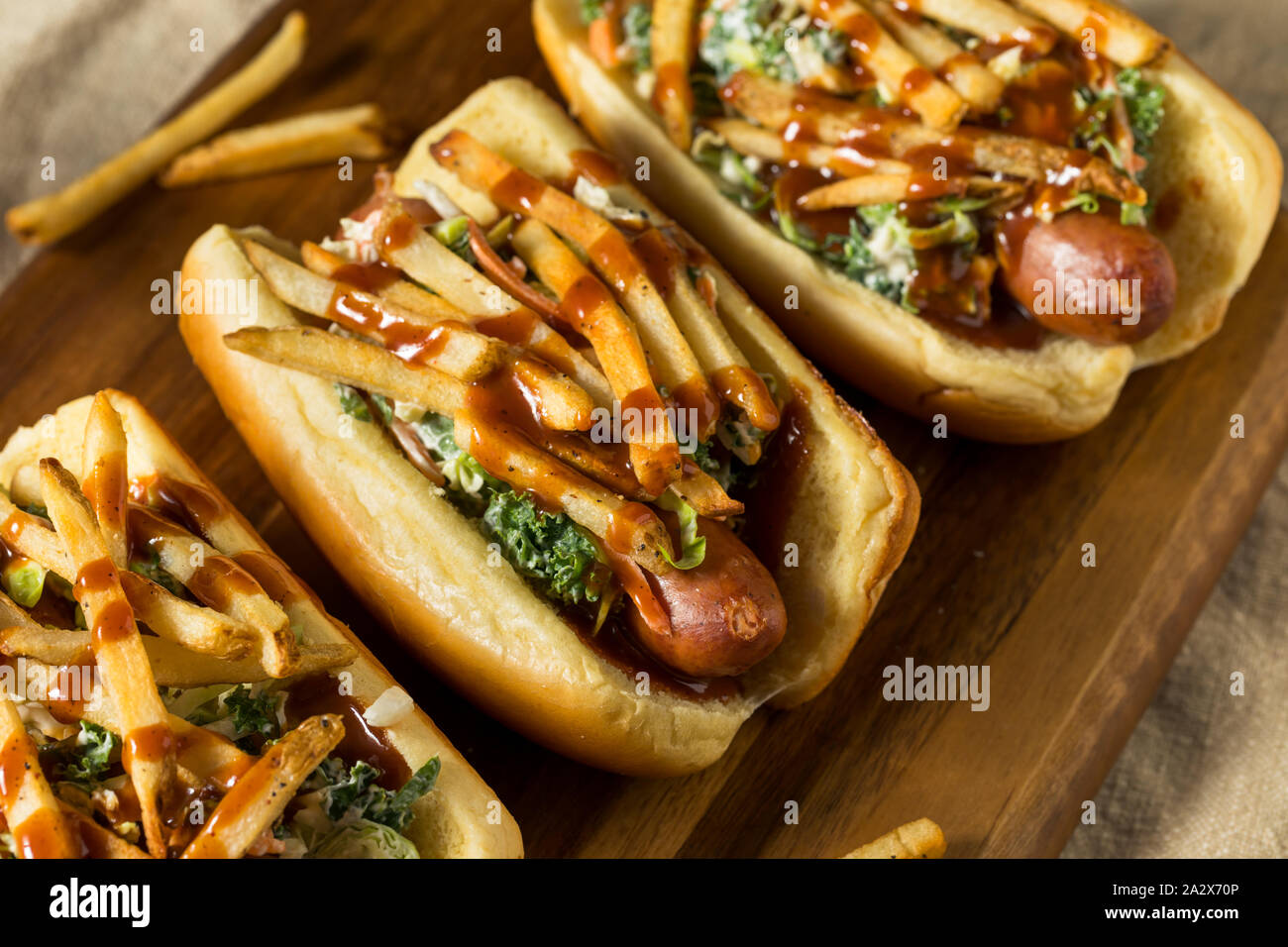 Homemade Cleveland Polish Boy Sandwich with BBQ and French Fries Stock