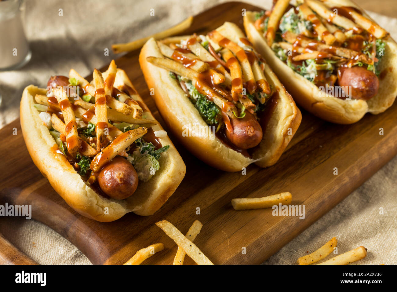 Homemade Cleveland Polish Boy Sandwich with BBQ and French Fries Stock