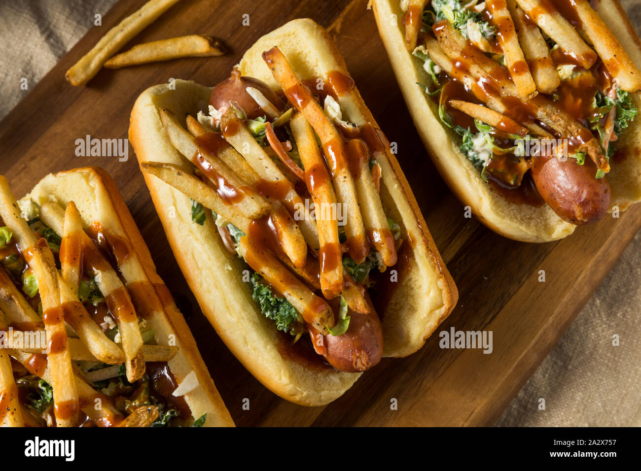 Homemade Cleveland Polish Boy Sandwich with BBQ and French Fries Stock