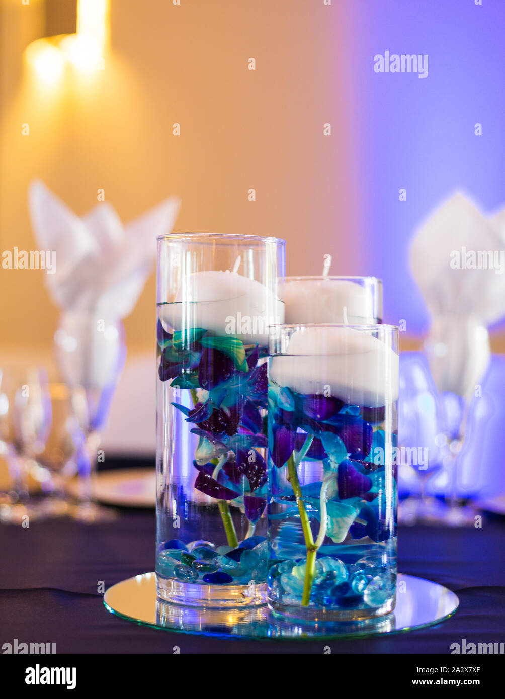Flower And Candle Centerpiece For Wedding Reception Stock Photo