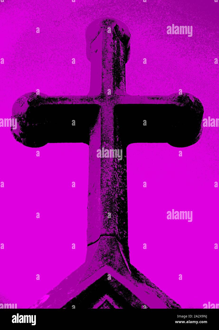 A stylised (image manipulated) cross in pink (indigo). Stock Photo