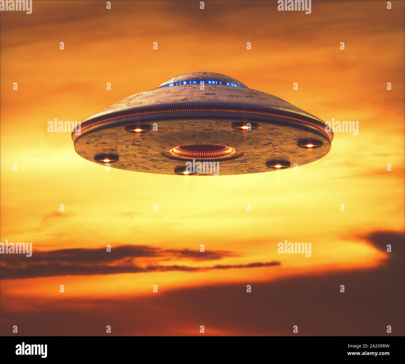 Unidentified flying object. UFO with clipping path included. 3D illustration with Clipping Mask. Stock Photo