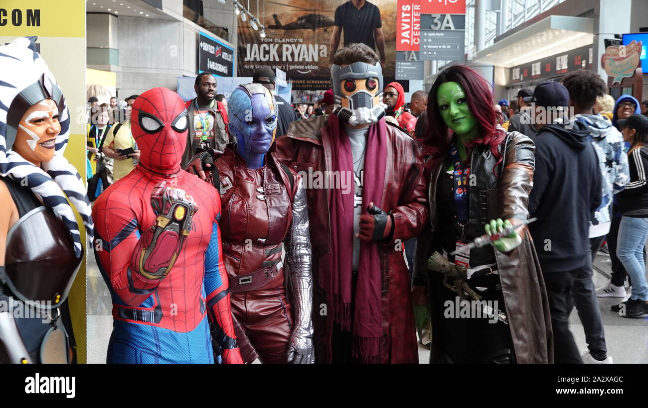 New York, USA. 3rd Oct, 2019. Cosplayers in costumes are seen at the New  York Comic Con at Javits Center in New York, the United States, on Oct. 3,  2019. The New