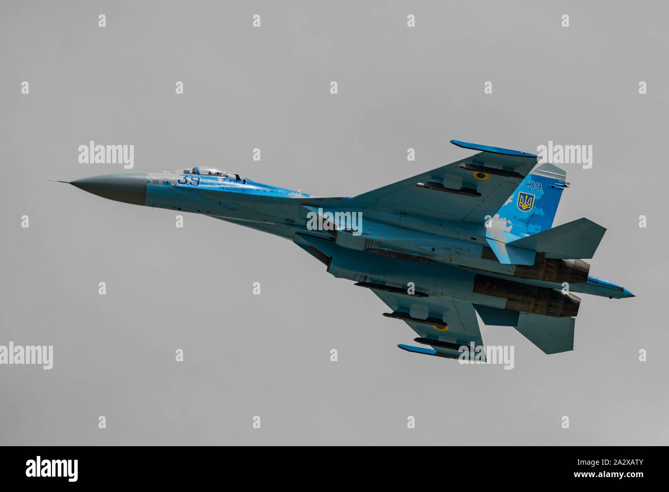 A Ukrainian Air Force Sukhoi SU-27P fighter aircraft displaying at RIAT 2019 , RAF Fairford, UK on the 21st July 2019. Stock Photo