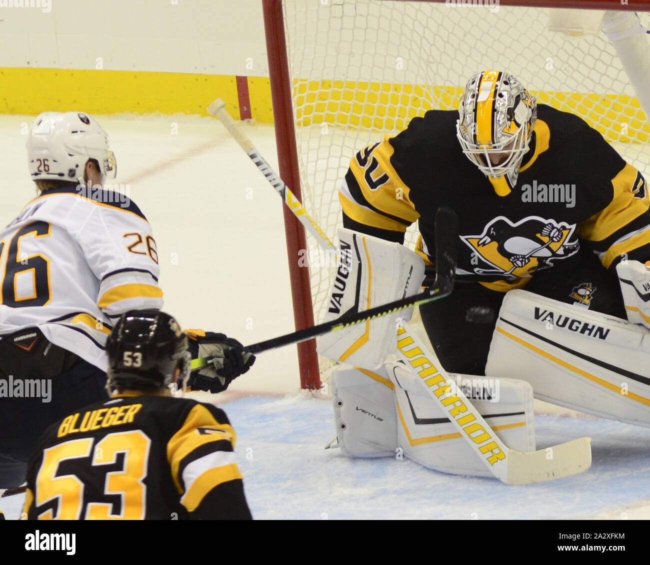 Pittsburgh, United States. 03rd Oct, 2019. Buffalo Sabres defenseman Rasmus Dahlin (26) scores on Pittsburgh Penguins goaltender Matt Murray (30) in the second period at PPG Paints Arena in Pittsburgh onThursday, October 3, 2019. Photo by Archie Carpenter/UPI Credit: UPI/Alamy Live News Stock Photo