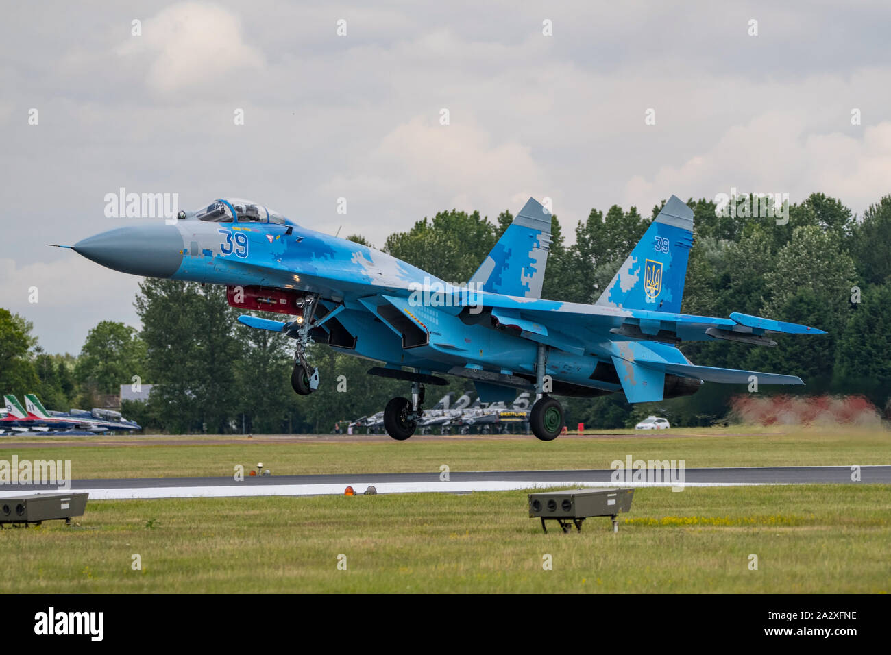 A Ukrainian Air Force Sukhoi SU-27P fighter aircraft about to land after displaying at RIAT 2019 , RAF Fairford, UK on the 21st July 2019. Stock Photo