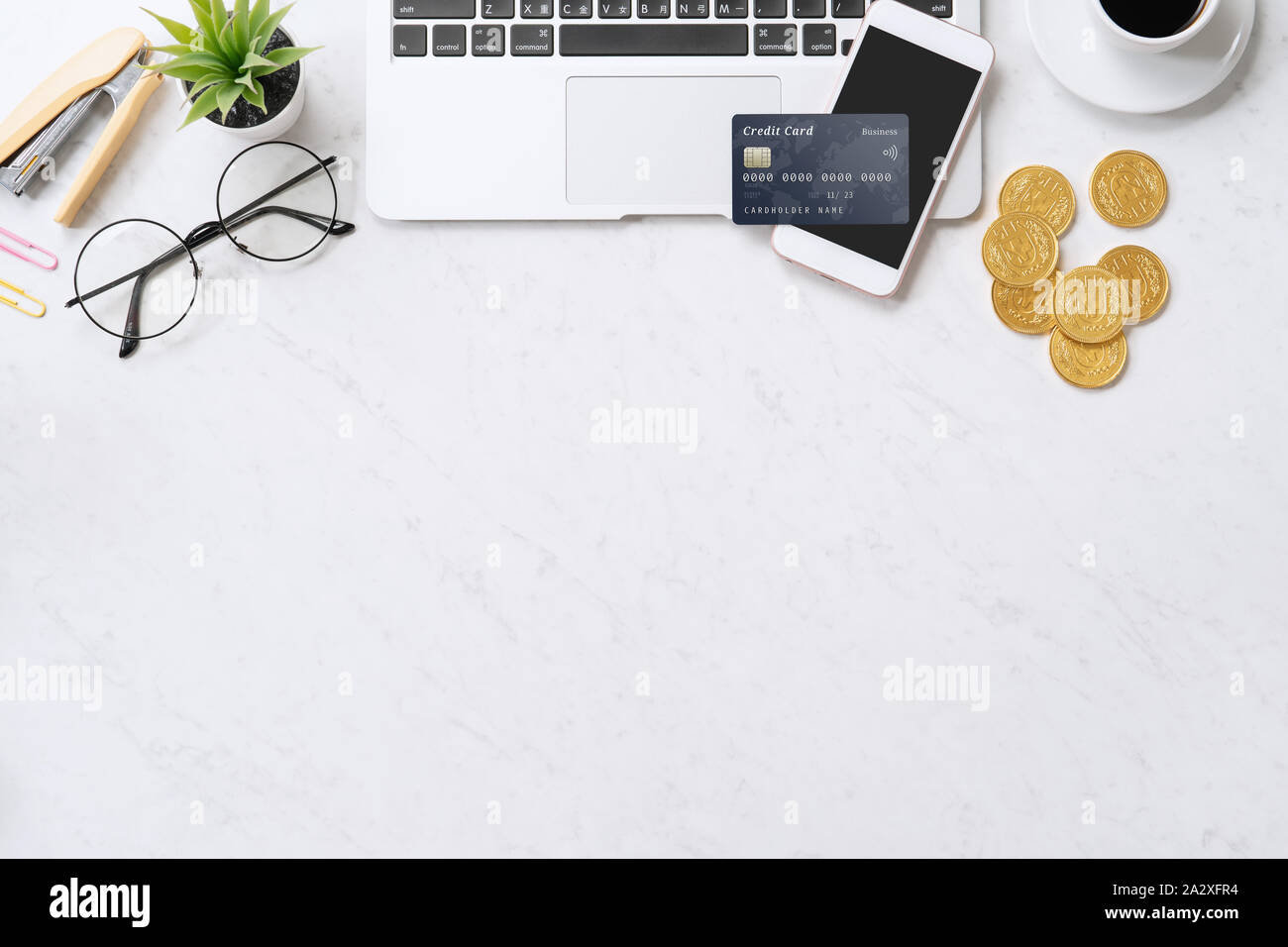 Concept Of Online Payment With Credit Card With Smart Phone Laptop Computer On Office Desk On Clean Bright Marble Table Background Top View Flat La Stock Photo Alamy