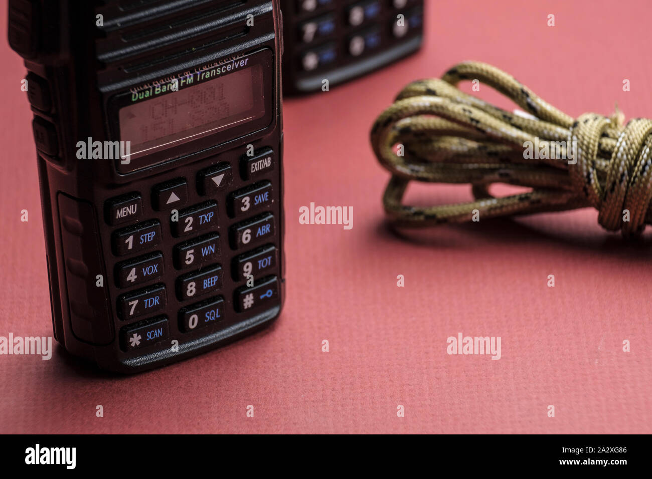 Two way hand held walkie talky radios. Commonly used for public service, business, and personal communications. Stock Photo