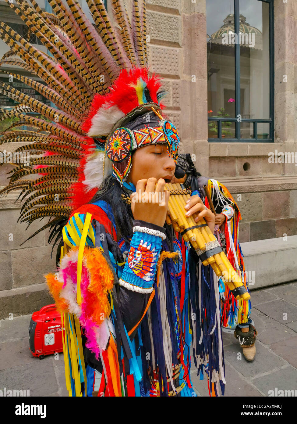 Quito, Ecuador, September 29, 2019: Music indigenous street performers