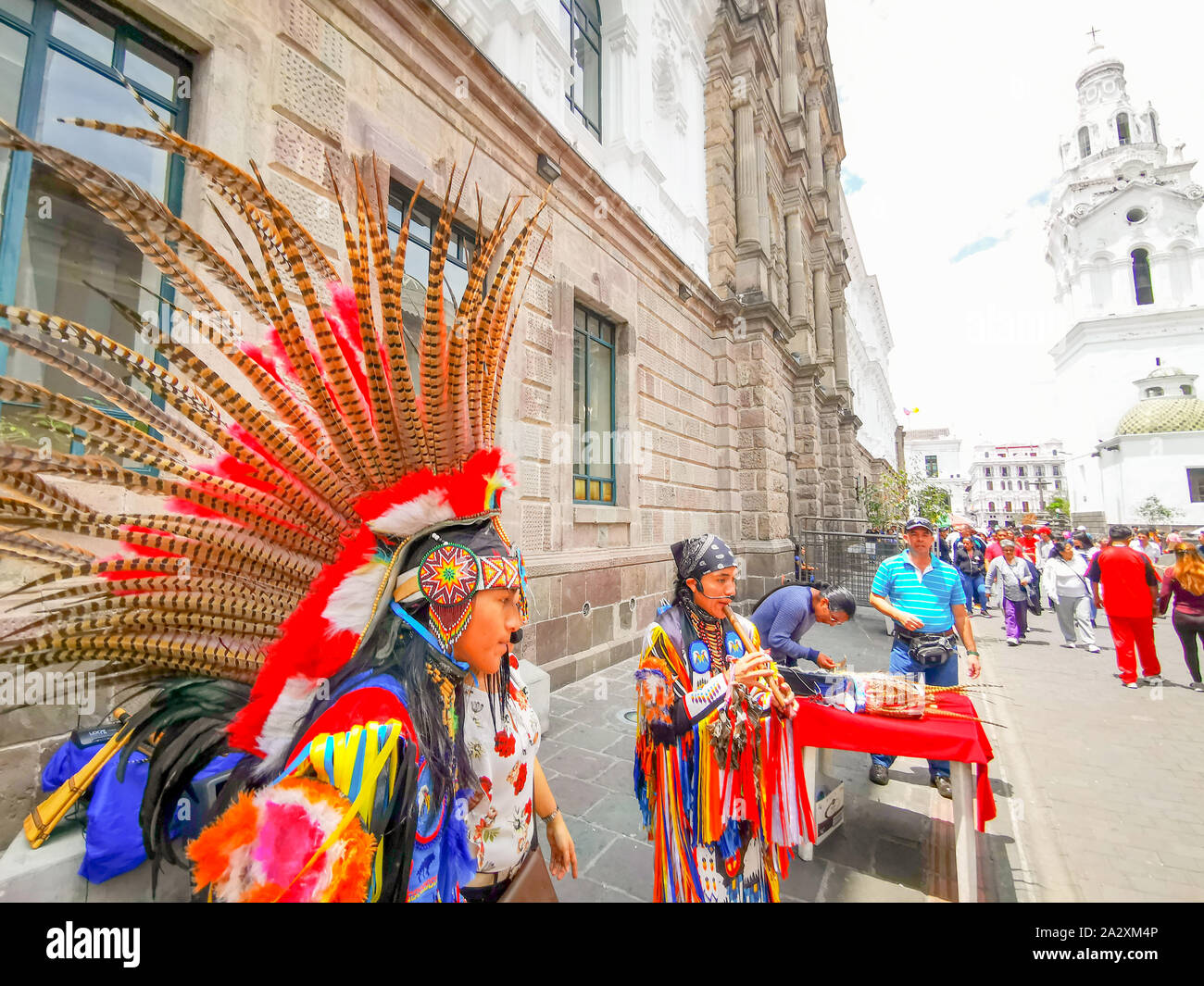 Quito, Ecuador, September 29, 2019: Music indigenous street performers