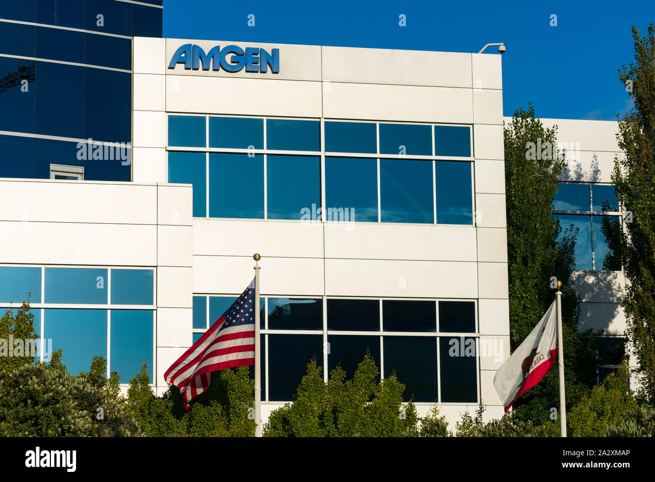 Amgen sign at biopharmaceutical company office in Silicon Valley, biotech company headquartered in Thousand Oaks Stock Photo