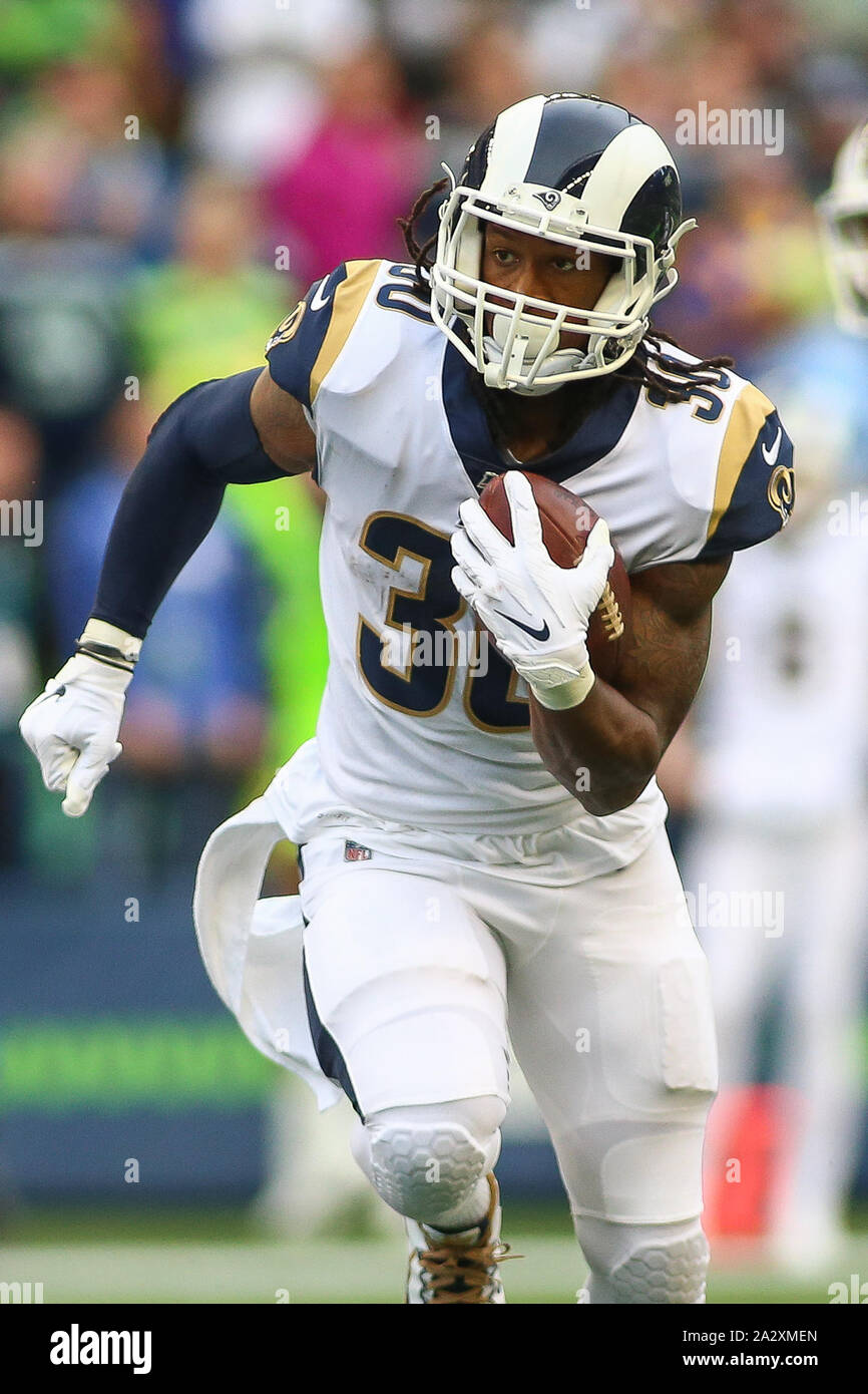 October 3, 2019: Seattle Seahawks safety Tedric Thompson (33) celebrates  his interception after an instant replay overruled the call on the field of  an incomplete pass during a game between the Los