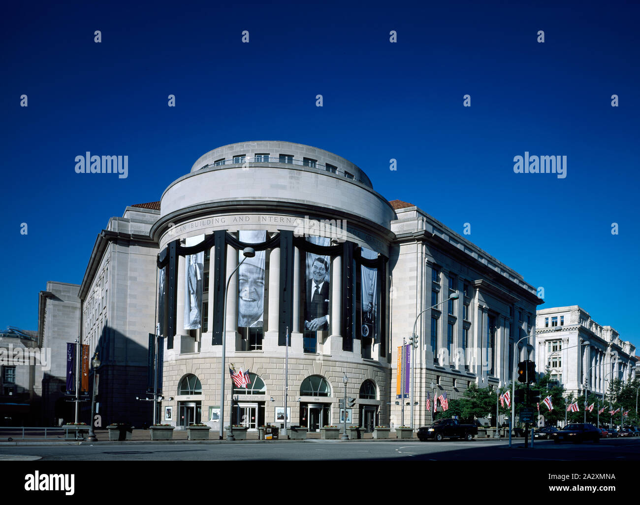 Ronald Reagan Building, Washington, D.C., draped in black and displaying the former president's photograph shortly after he died on June 5, 2004; Stock Photo
