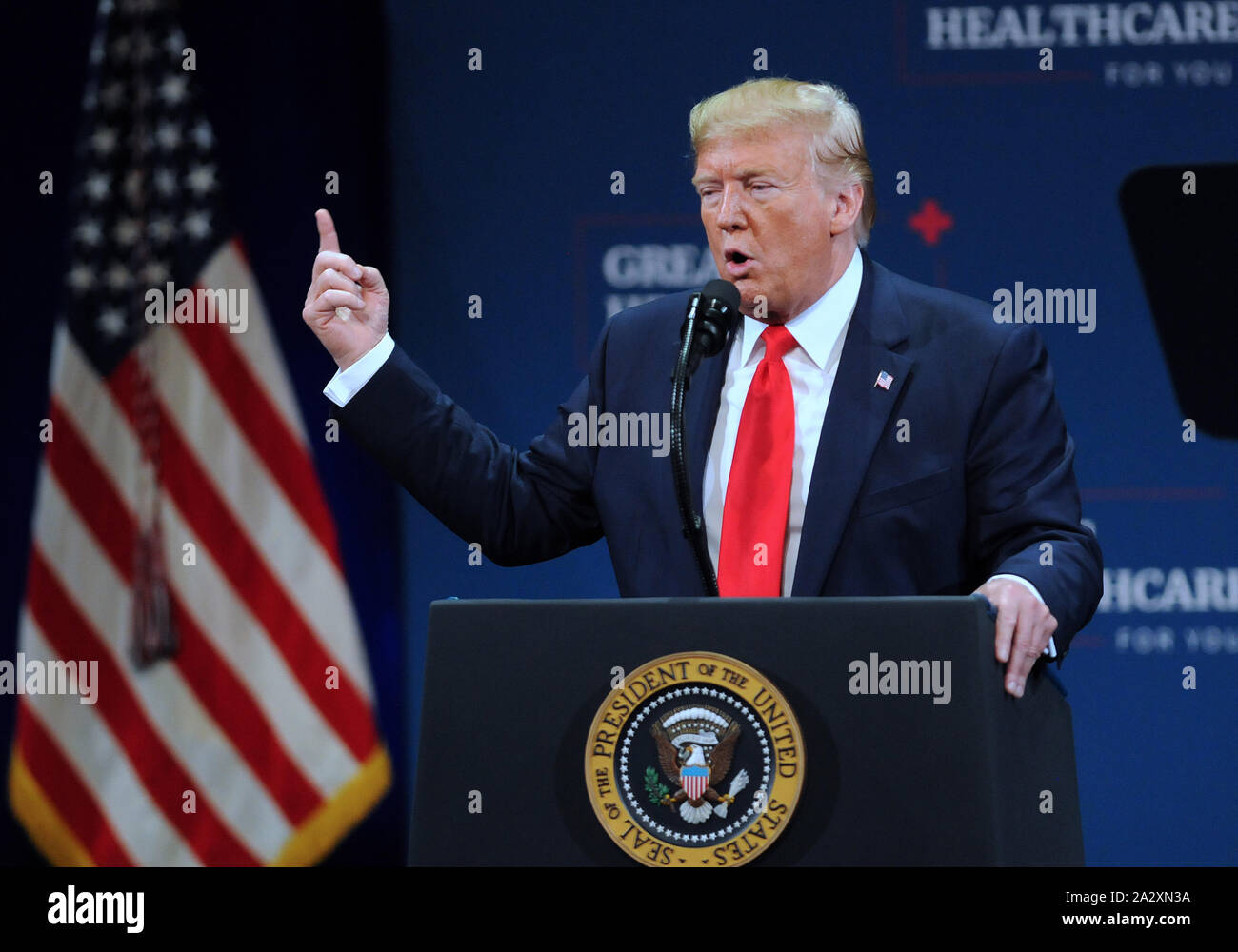 The Villages, United States. 03rd Oct, 2019. U.S. President Donald Trump gives remarks on his administration's health policy and his plans to protect and improve Medicare at the Sharon L. Morse Performing Arts Center on October 3, 2019 in The Villages, Florida. Credit: Paul Hennessy/Alamy Live News Stock Photo