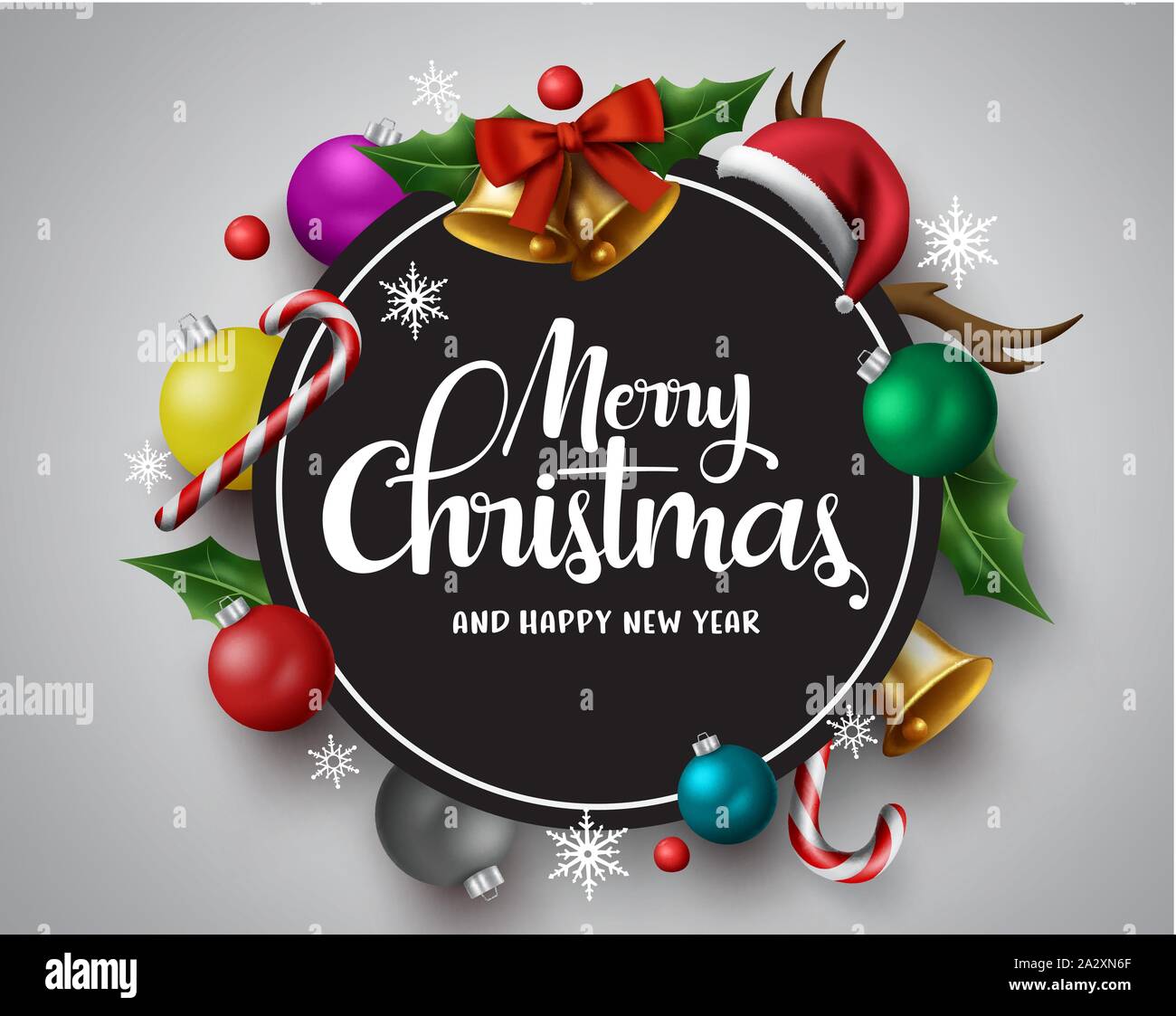 Merry christmas vector banner. Merry christmas greetings card with circle  frame for text and messages with colorful xmas decor elements in gray Stock  Vector Image & Art - Alamy