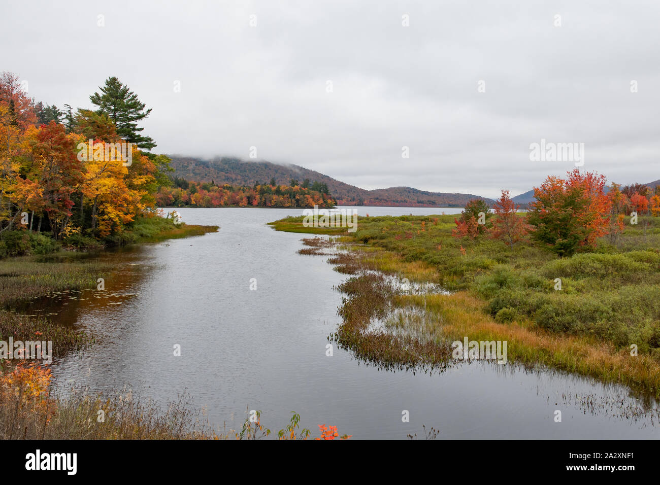 A view of Lewey Lake in the Adirondack Mountains, NY USA in autumn on a rainy misty day. Stock Photo