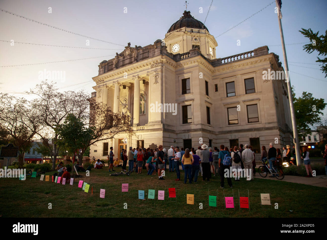 Signs for residents of Monroe County who died while experiencing homelessness line the courthouse lawn during the Homeless Memorial Vigil, Thursday, October 3, 2019 at the Monroe County Courthouse in Bloomington, Ind. During the vigil the names of community members who died while experiencing homelessness were read, and their names were placed in memorial. The names read are, Shelly Arthur, Craig Bowles, Billy Brown, Steven Brown, Bruce Bundy, Greg Cook, Alvin Davis, Taffany Ducharme, Coy Fulford, April Hattery, Doug James, Lewis Jordan, Eric Pelley, John McKinney, Margaret Miao-Kong, Teohna M Stock Photo
