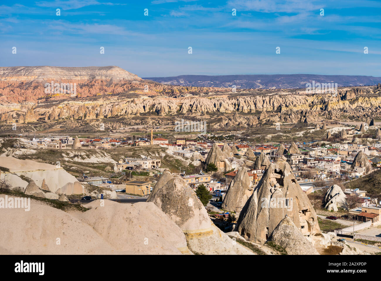 Aerial view of downtown of Goreme, which is built in rock formation in