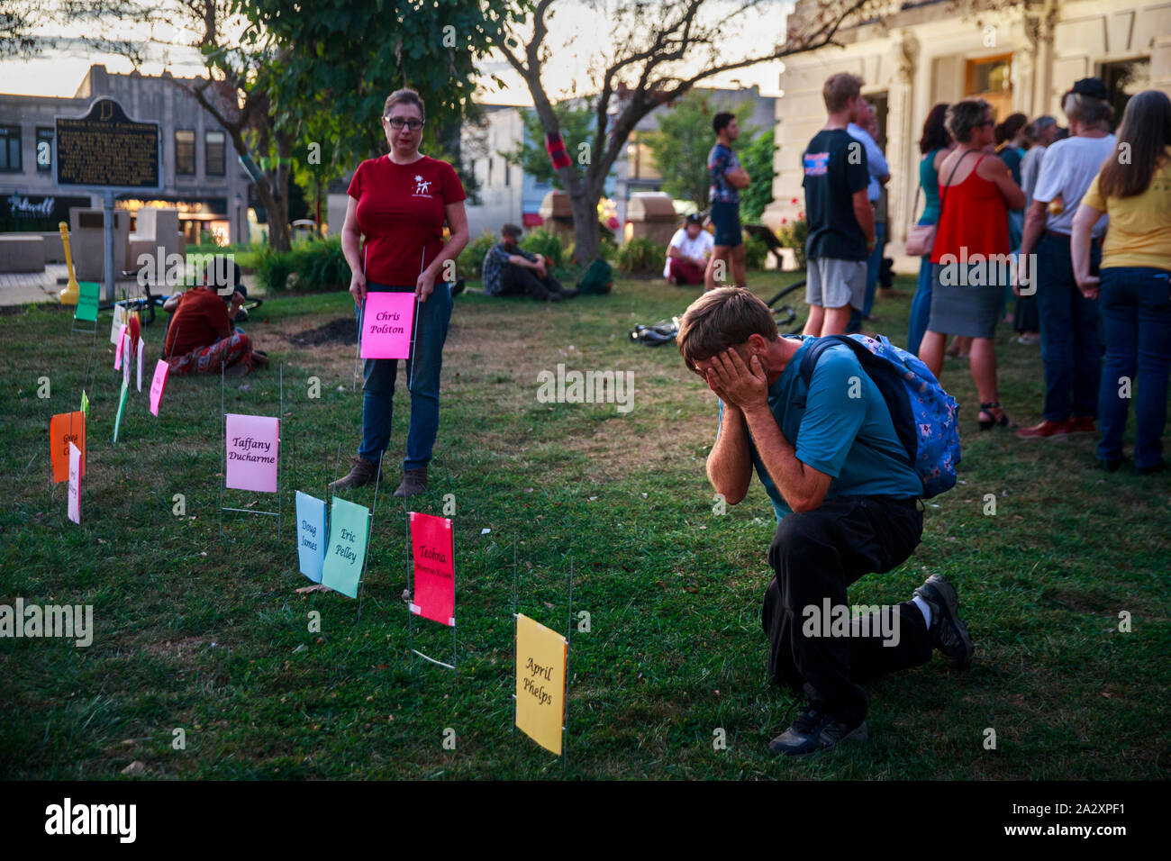 James Payne, who has been experiencing homelessness for two years, mourns the death of his fiancée April Phelps, who had also been experiencing homelessness, during the Homeless Memorial Vigil, Thursday, October 3, 2019 at the Monroe County Courthouse in Bloomington, Ind. 'I was with her when she died,' said Payne. During the vigil the names of community members who died while experiencing homelessness were read, and their names were placed in memorial. The names read are, Shelly Arthur, Craig Bowles, Billy Brown, Steven Brown, Bruce Bundy, Greg Cook, Alvin Davis, Taffany Ducharme, Coy Fulford Stock Photo
