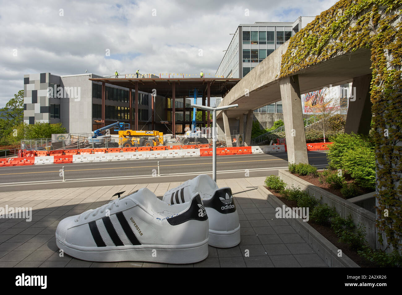 Giant Adidas shoes are seen at the entrance to Adidas America Inc., the North  American Headquarters on May 2, 2019 Stock Photo - Alamy