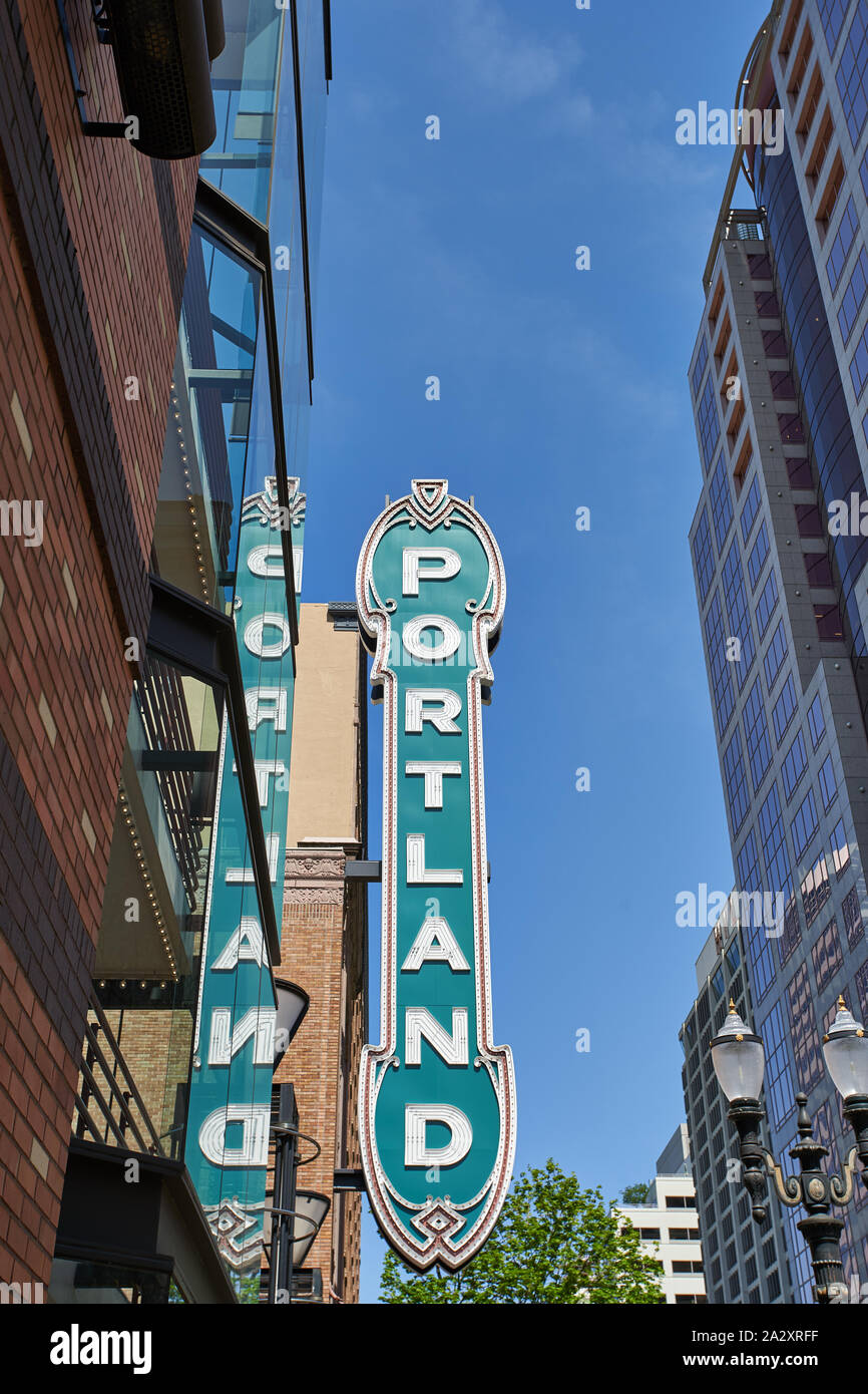 Portland, Oregon - Apr 26, 2019: The historic "Portland" sign at Arlene Schnitzer Concert Hall on Broadway Avenue in downtown Portland. Stock Photo