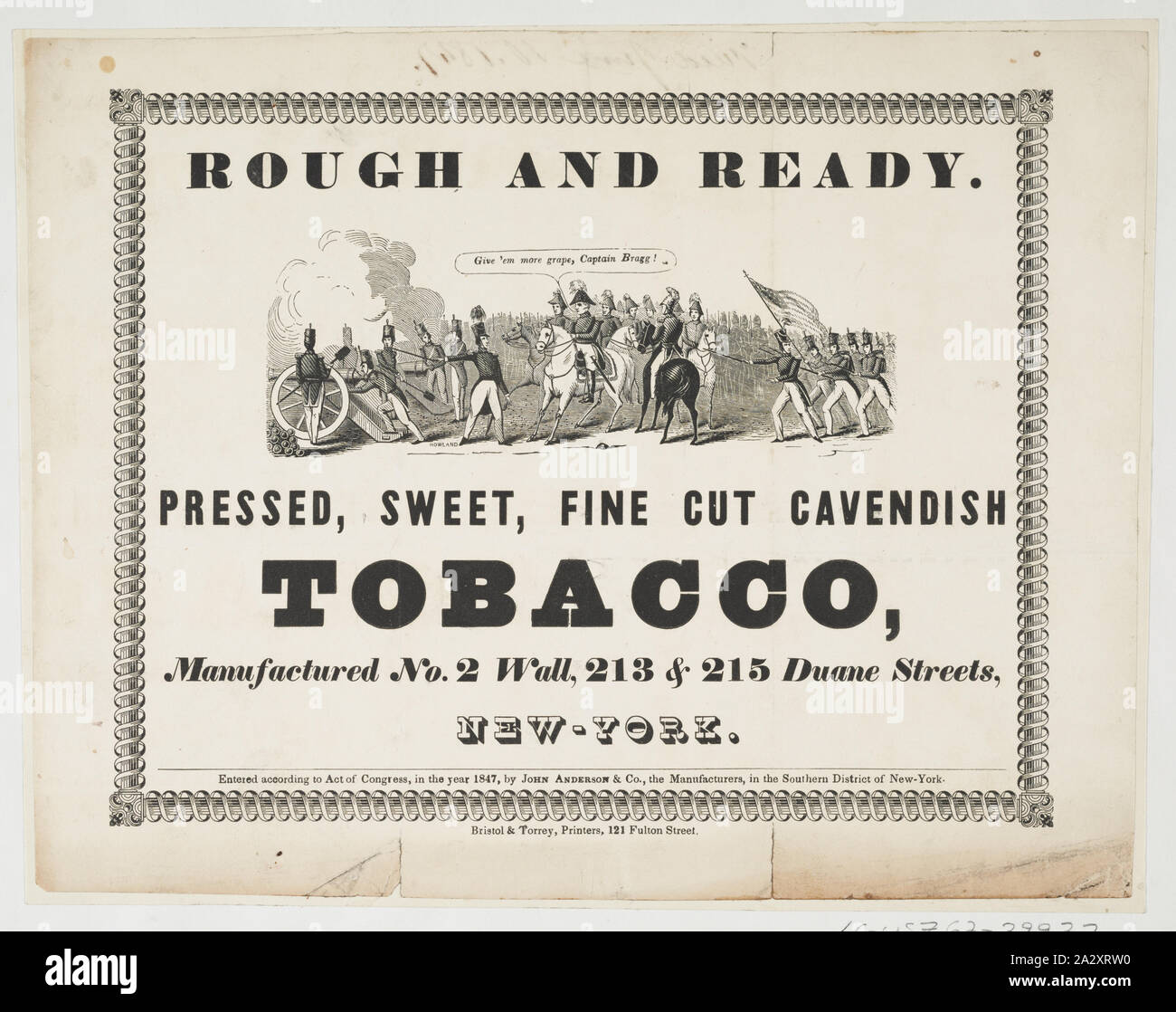 Rough and ready Pressed, sweet fine cut Cavendish tobaco, manufactured No. 2 Wall, 213 & 215 Duane Streets, New York / / Howland. Stock Photo