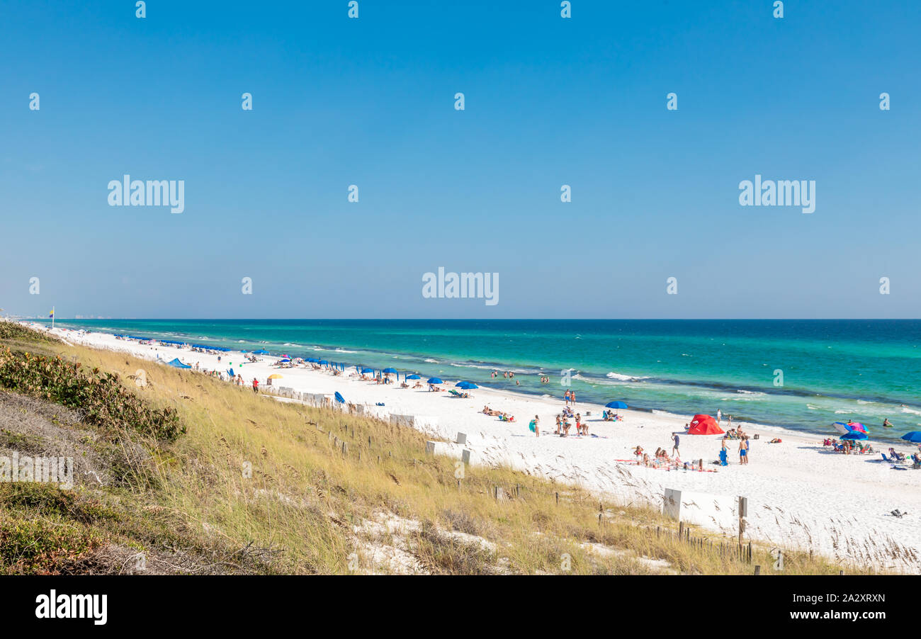looking down the ocean beach at Seaside, Florida Stock Photo