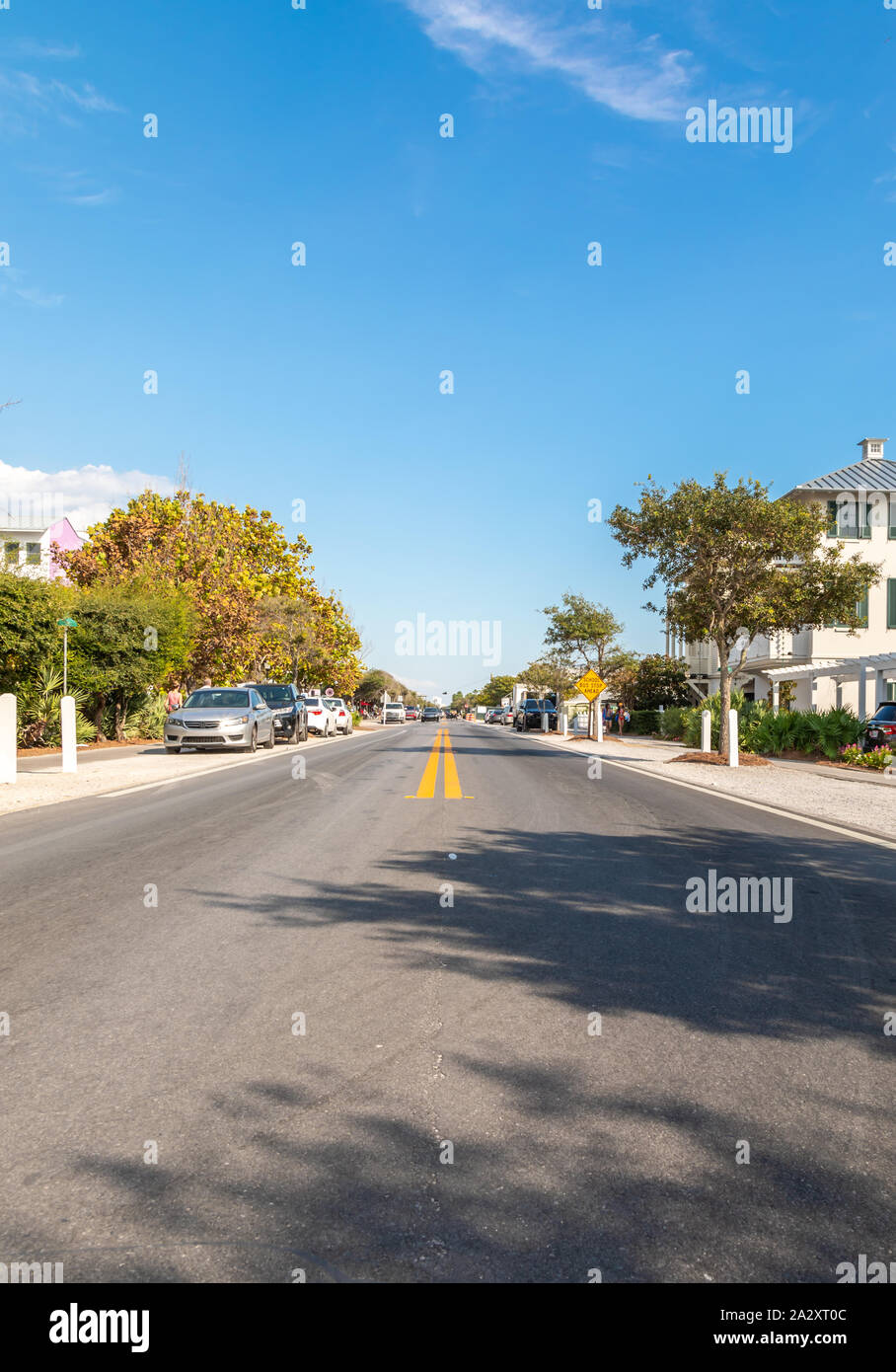 shot looking down 30a in Seaside, Florida Stock Photo