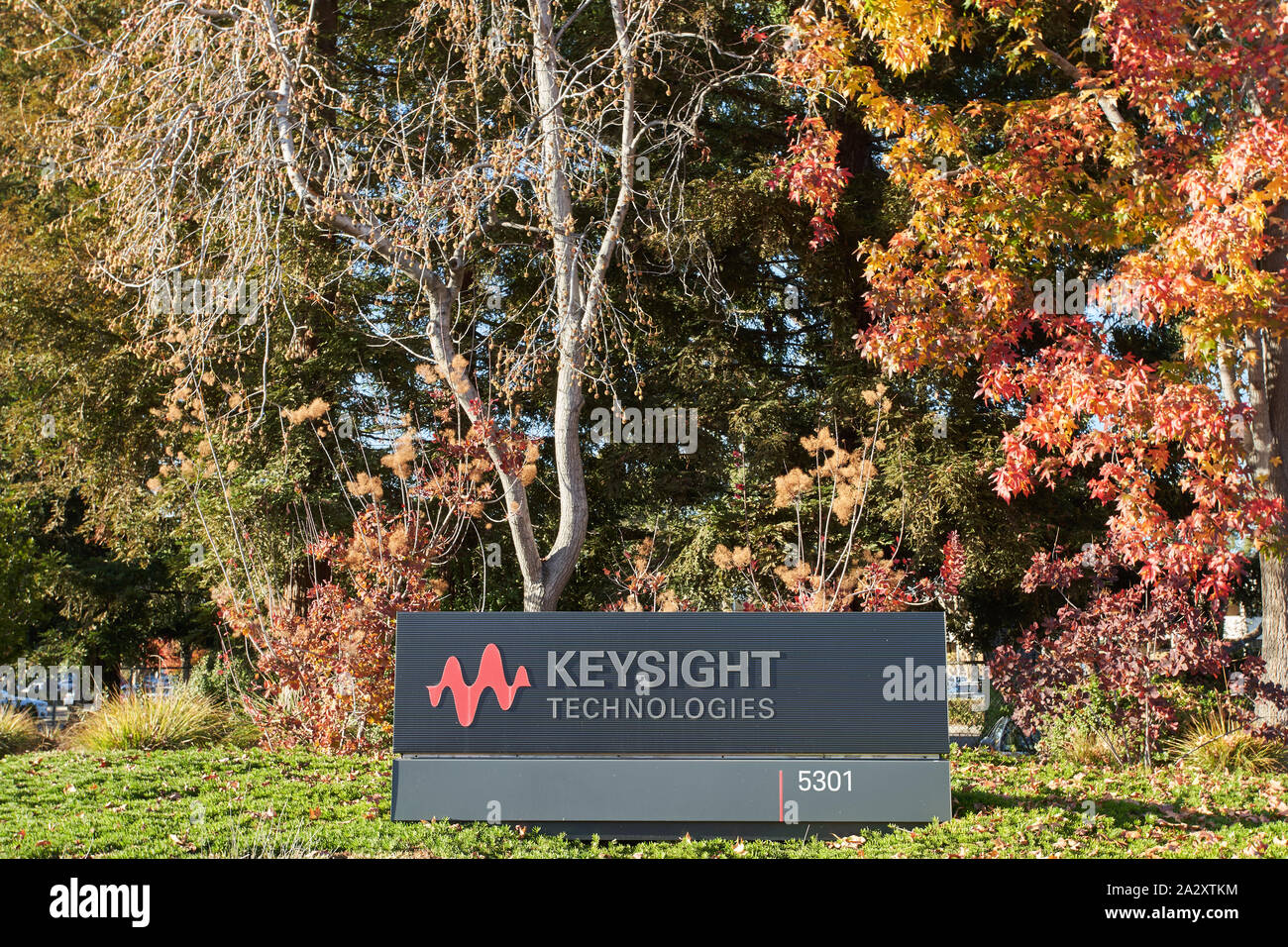 Santa Clara, California - Dec 7, 2018: The entrance sign at Keysight Technologies corporate office. Stock Photo