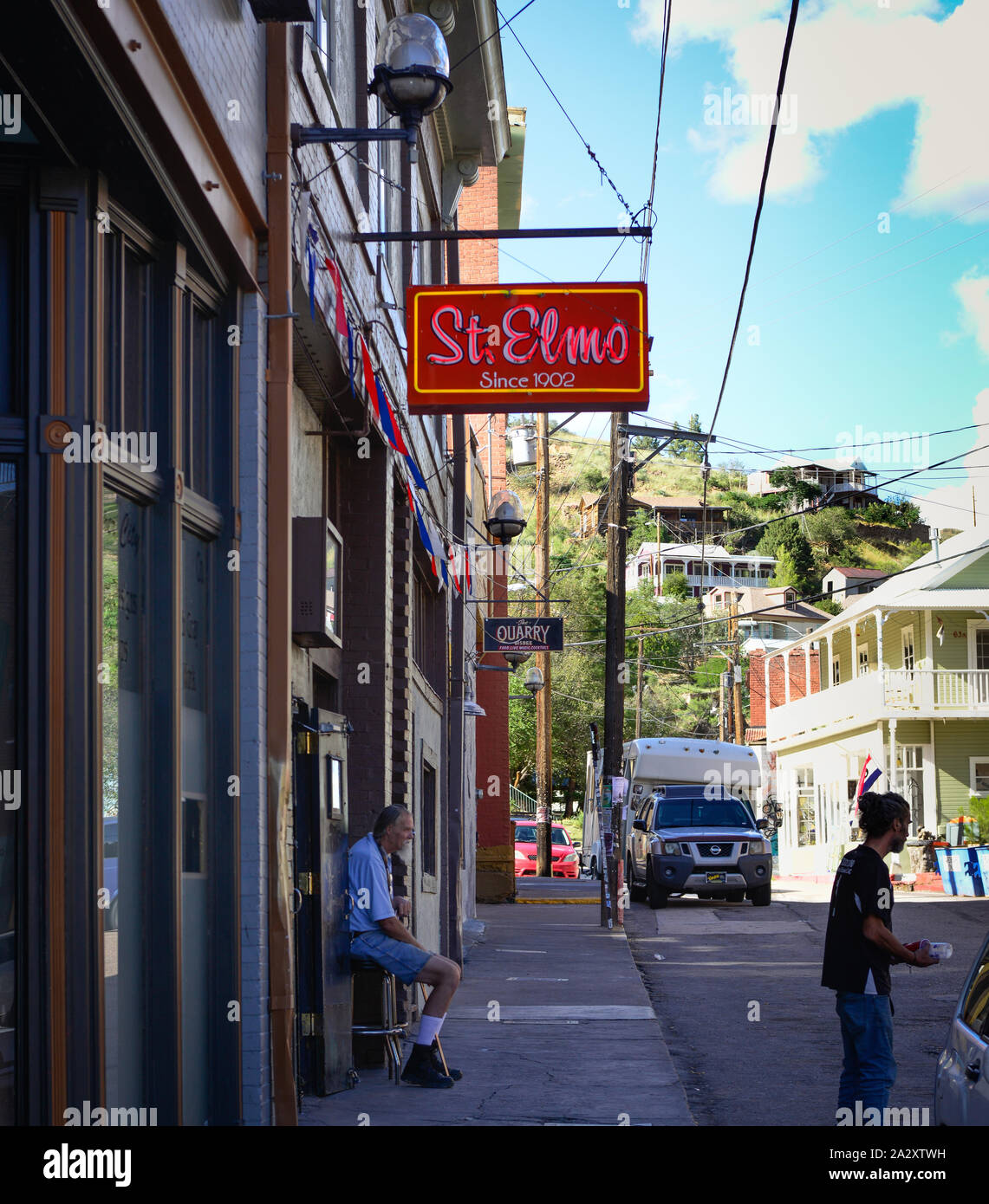 Overhead sign and entrance for St Elmo bar, in the old mining town of Bisbee, AZ, favorite for music and dancing with an Old west vibe Stock Photo