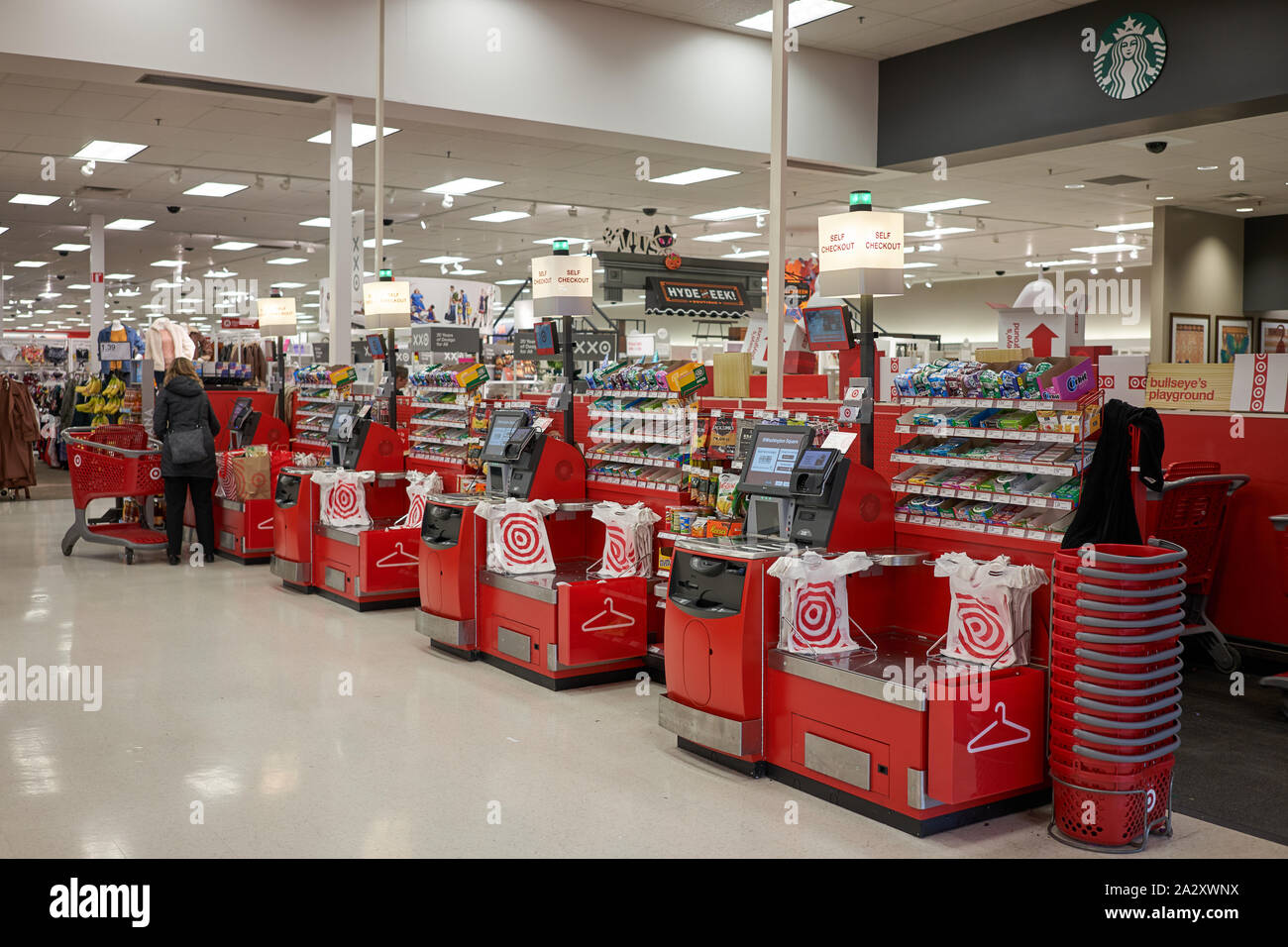 The Self Checkout area in a Target Store in Tigard, Oregon, seen on Wednesday, Sep 18, 2019. Stock Photo