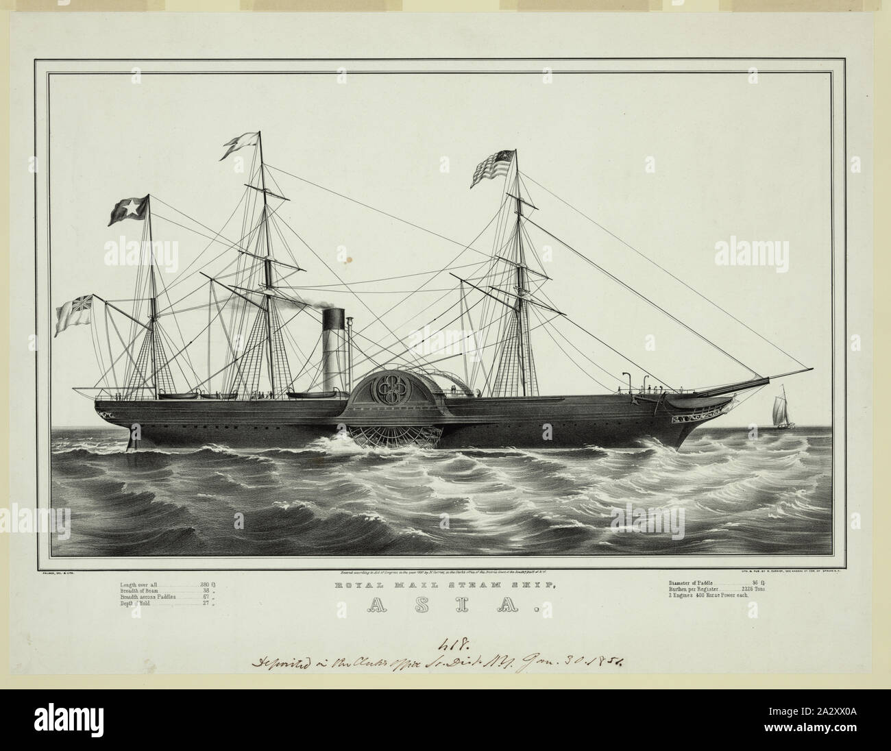 Vintage Art Original Print ROYAL MAIL STEAM SHIP ASIA