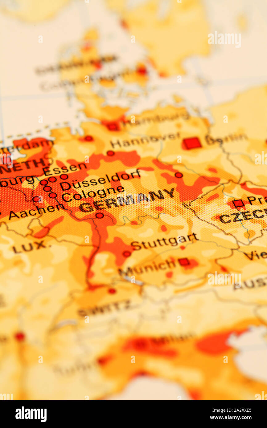 Germany on atlas world map Stock Photo