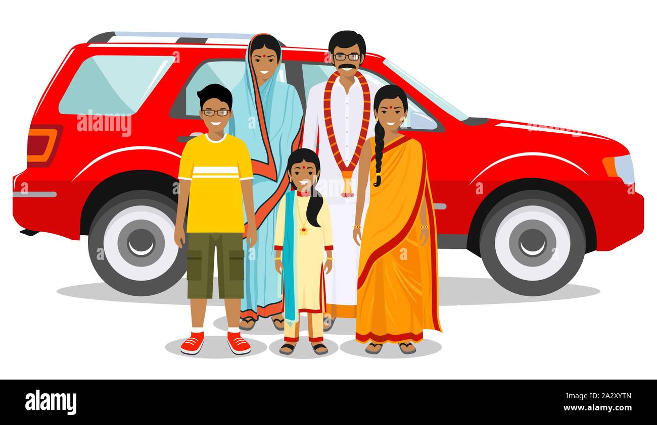 Family and social concept. Indian person generations at different ages. Set of people in traditional national clothes. Father, mother, boy, girl Stock Vector