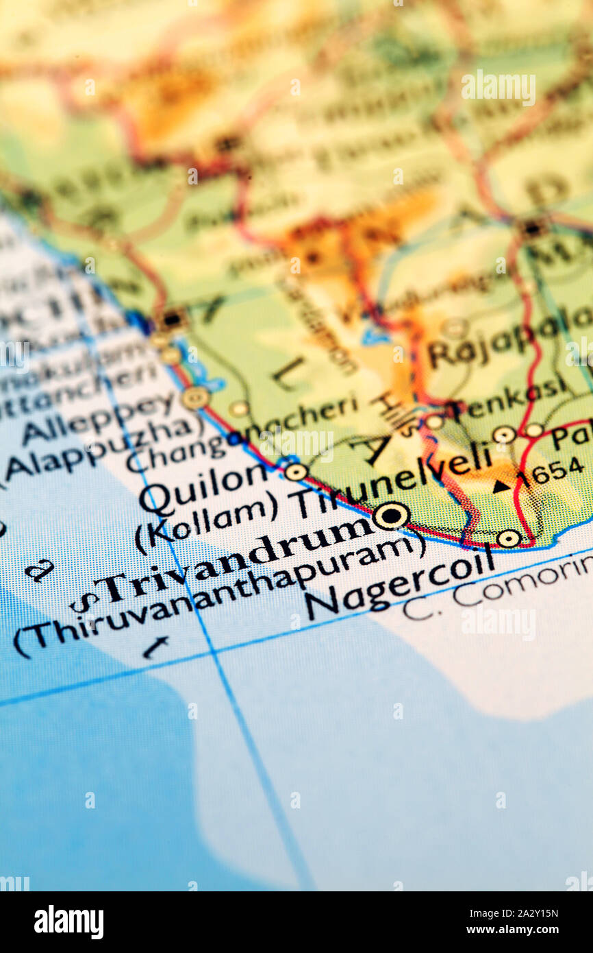 Trivandrum (Thiruvananthapuram) India, on atlas world map Stock Photo