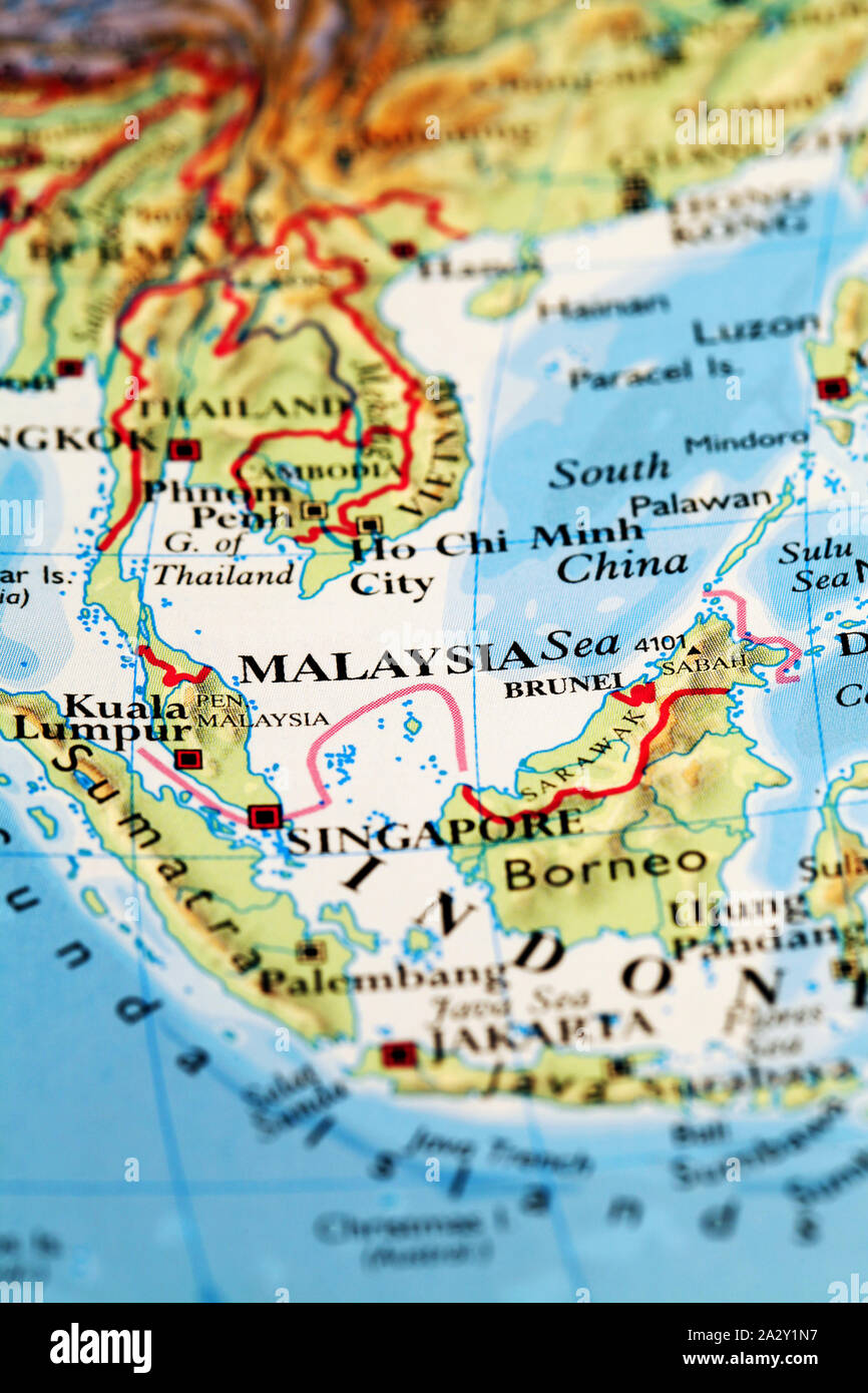 Malaysia on atlas world map Stock Photo Alamy