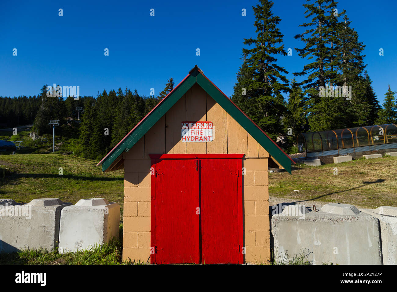 Wood shed at Mount Seymour for fire supression. Stock Photo