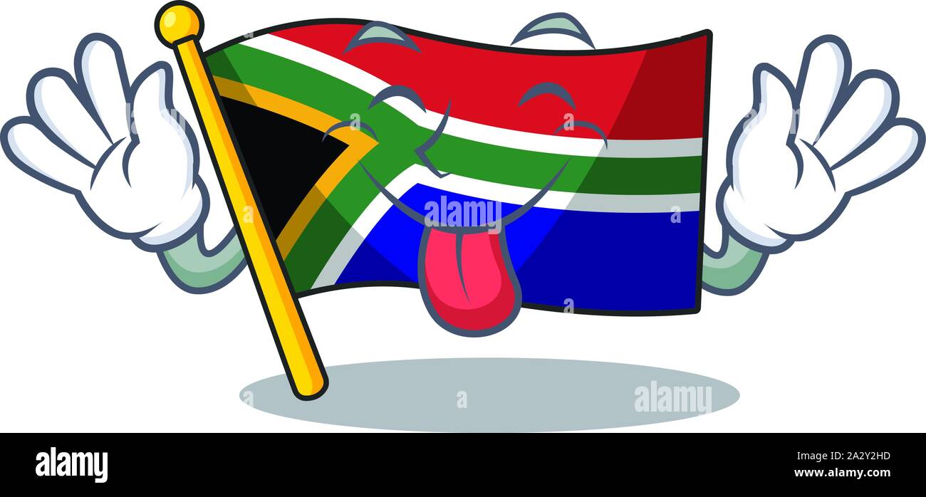 Tongue out south africa flag flies at cartoon pole Stock Vector