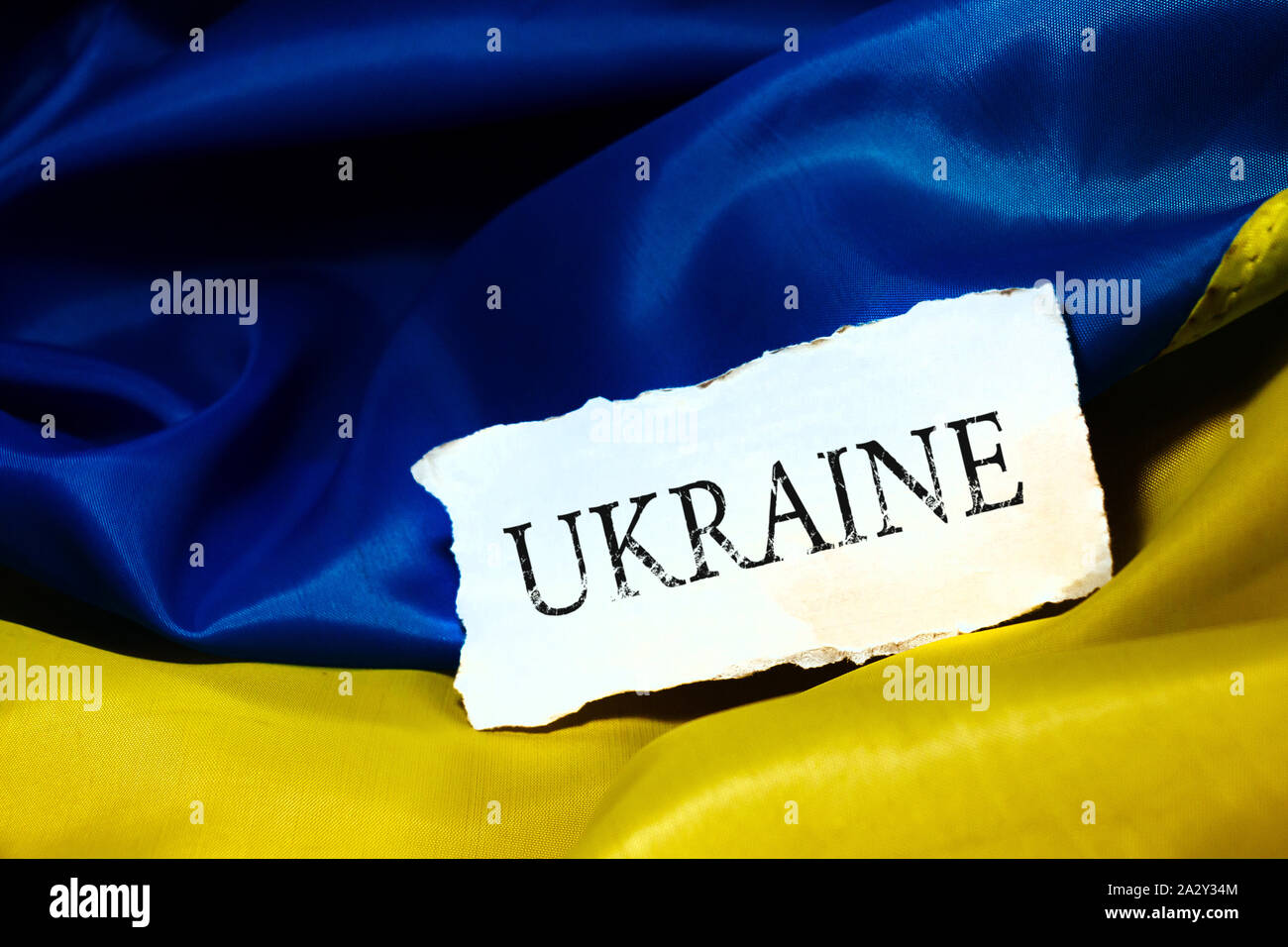 Flag of Ukraine is blue-yellow. Ukrainian flag with the inscription Ukraine. Realistic flag of UA. Independence Day of Ukraine, flag day Stock Photo