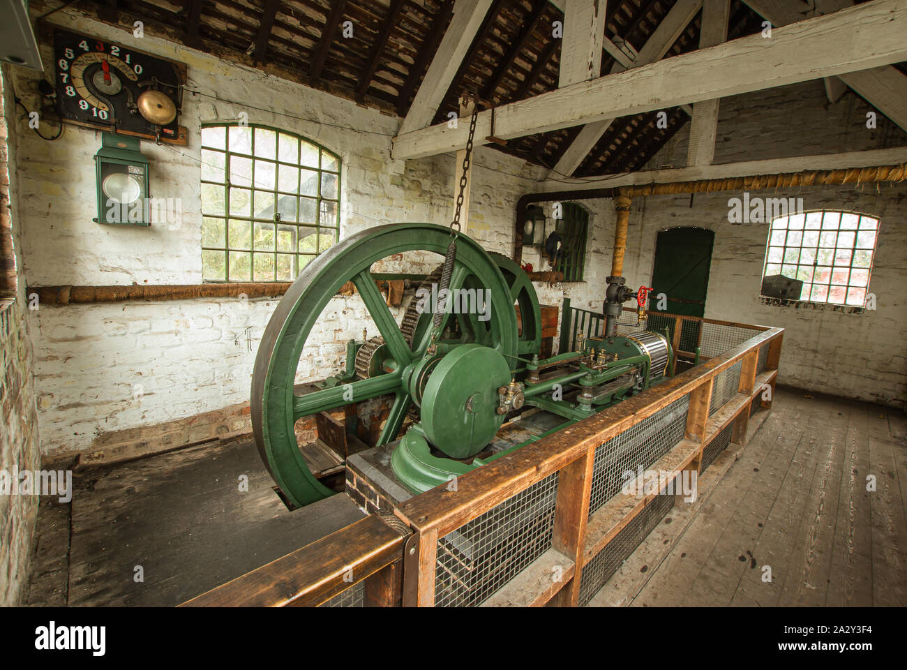 Interior of winding shed in an old mine Stock Photo