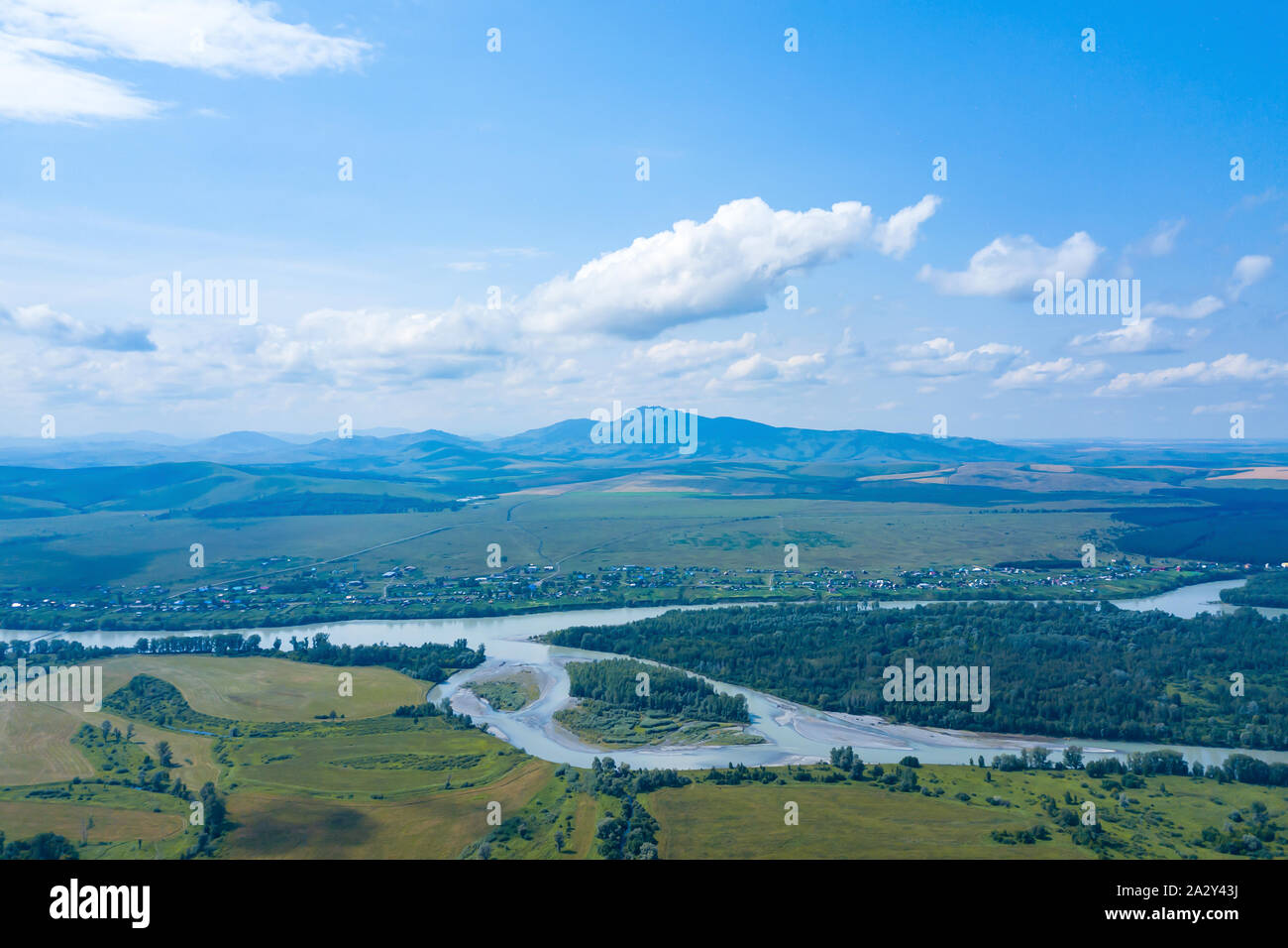 Beautiful scenic natural landscape with aerial view of the green fields ...