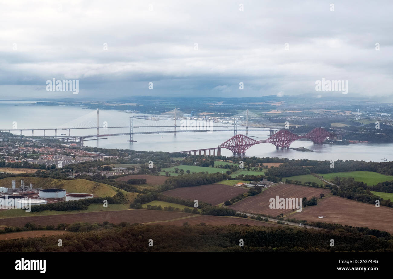 Aerial view of the three bridges that span the Firth of Forth between South and North Queensferry, Scotland. Stock Photo